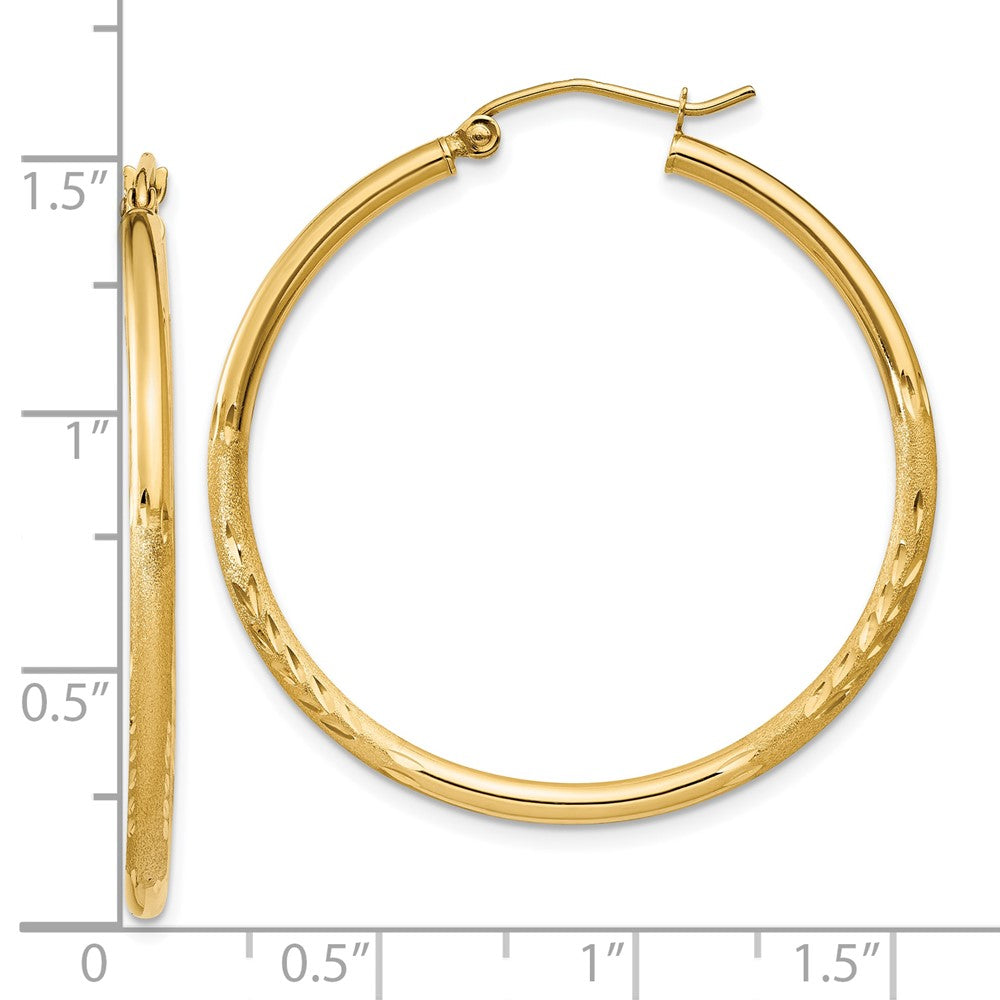 14K Yellow Gold Satin And D/C 2mm Round Tube Hoop Earrings