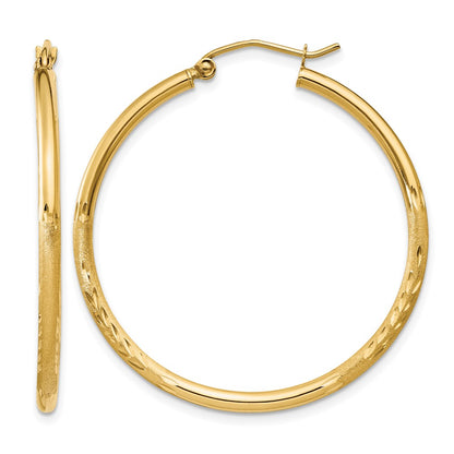 14K Yellow Gold Satin And D/C 2mm Round Tube Hoop Earrings