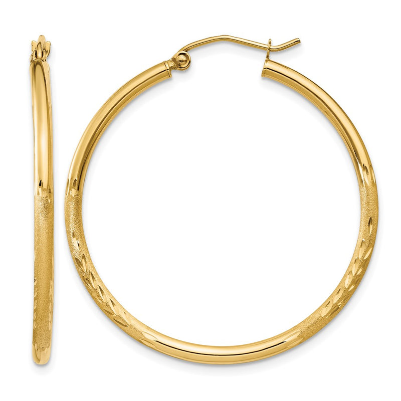 14K Yellow Gold Satin And D/C 2mm Round Tube Hoop Earrings