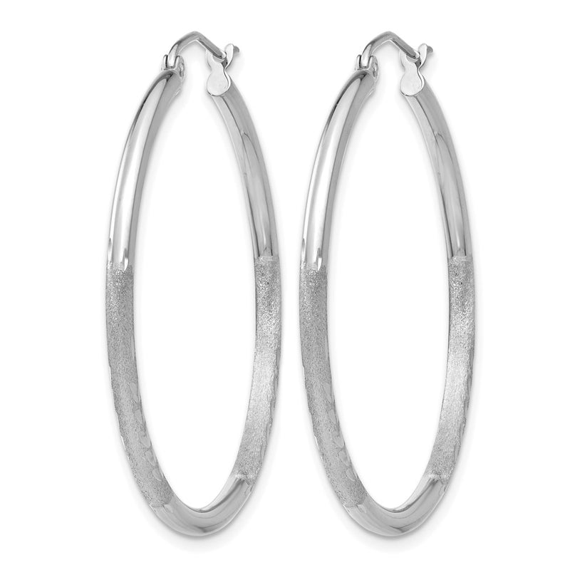 14K White Gold Satin And D/C 2mm Round Hoop Earrings