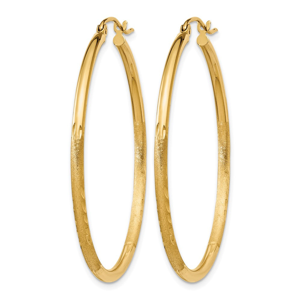 14K Yellow Gold Satin And D/C 2mm Round Tube Hoop Earrings