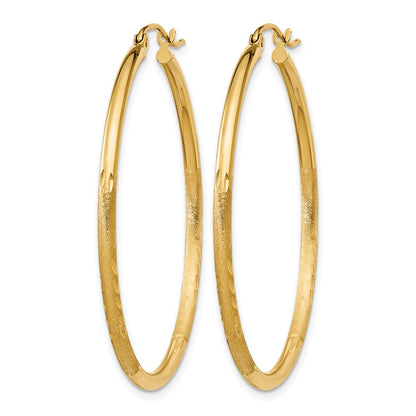 14K Yellow Gold Satin And D/C 2mm Round Tube Hoop Earrings
