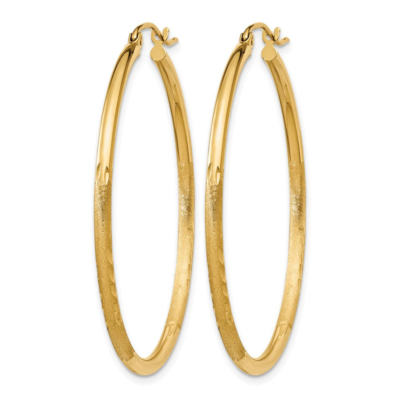 14K Yellow Gold Satin And D/C 2mm Round Tube Hoop Earrings