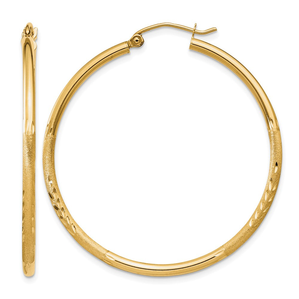 14K Yellow Gold Satin And D/C 2mm Round Tube Hoop Earrings