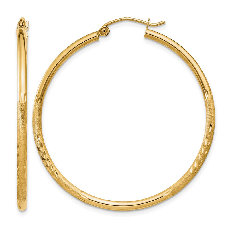 14K Yellow Gold Satin And D/C 2mm Round Tube Hoop Earrings