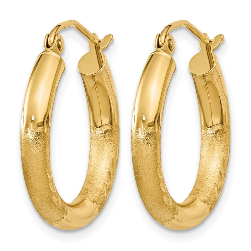 14K Yellow Gold Satin And D/C 3mm Round Hoop Earrings