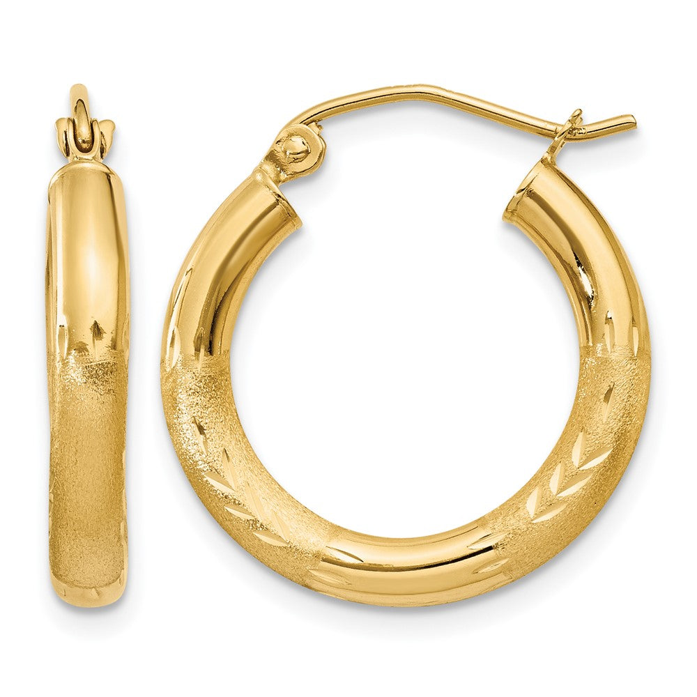 14K Yellow Gold Satin And D/C 3mm Round Hoop Earrings