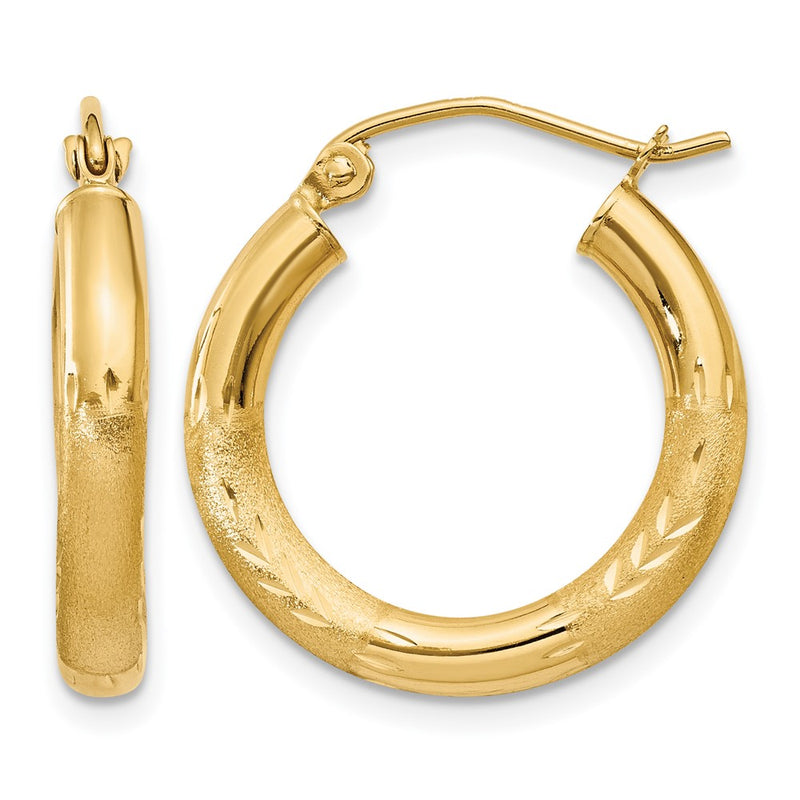 14K Yellow Gold Satin And D/C 3mm Round Hoop Earrings