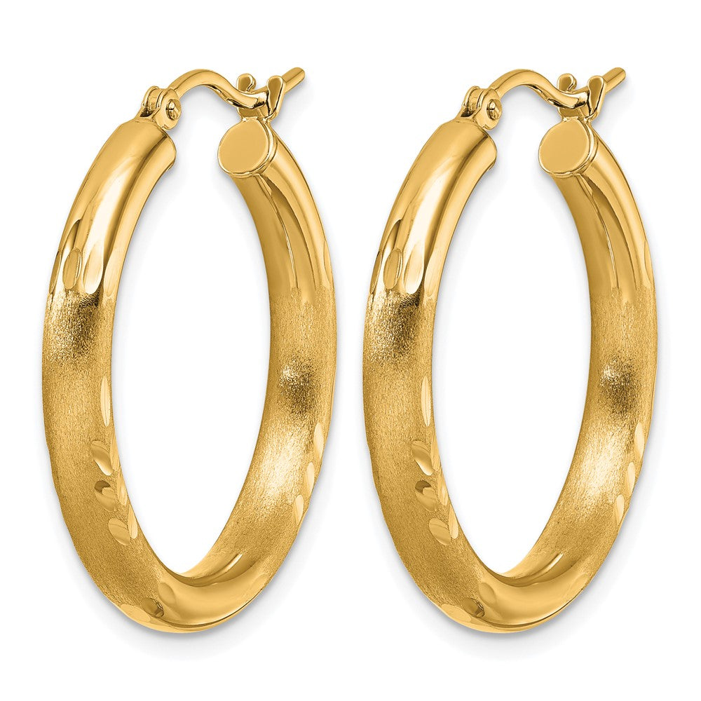 14K Yellow Gold Satin And D/C 3mm Round Hoop Earrings