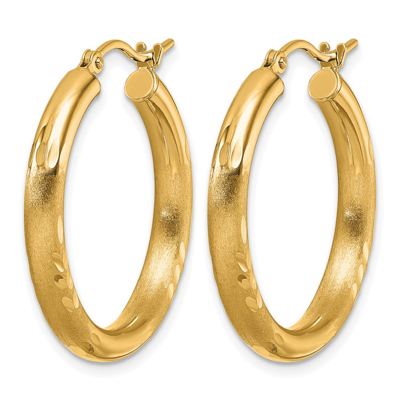 14K Yellow Gold Satin And D/C 3mm Round Hoop Earrings