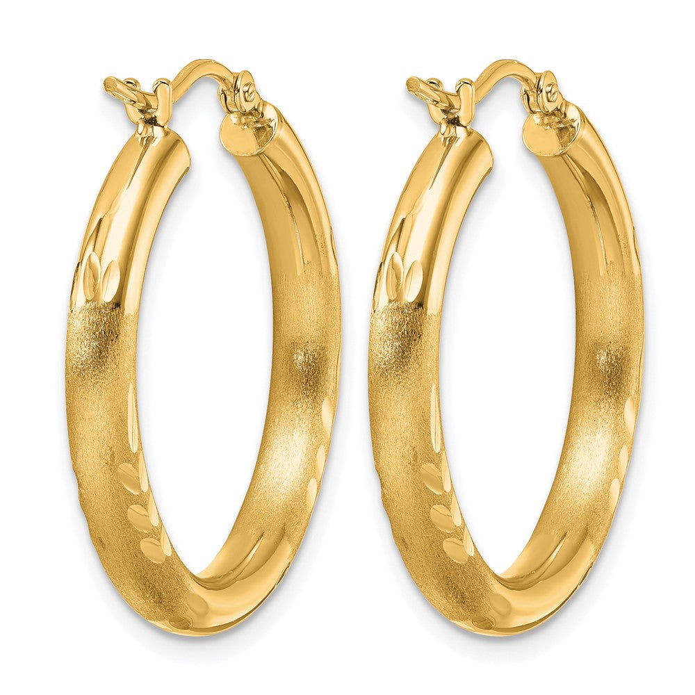 14K Yellow Gold Satin And D/C 3mm Round Hoop Earrings