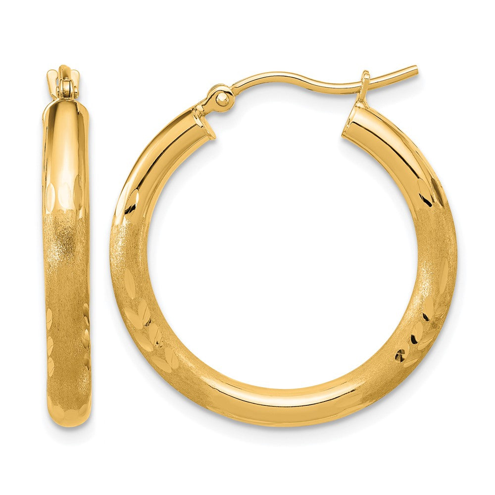 14K Yellow Gold Satin And D/C 3mm Round Hoop Earrings