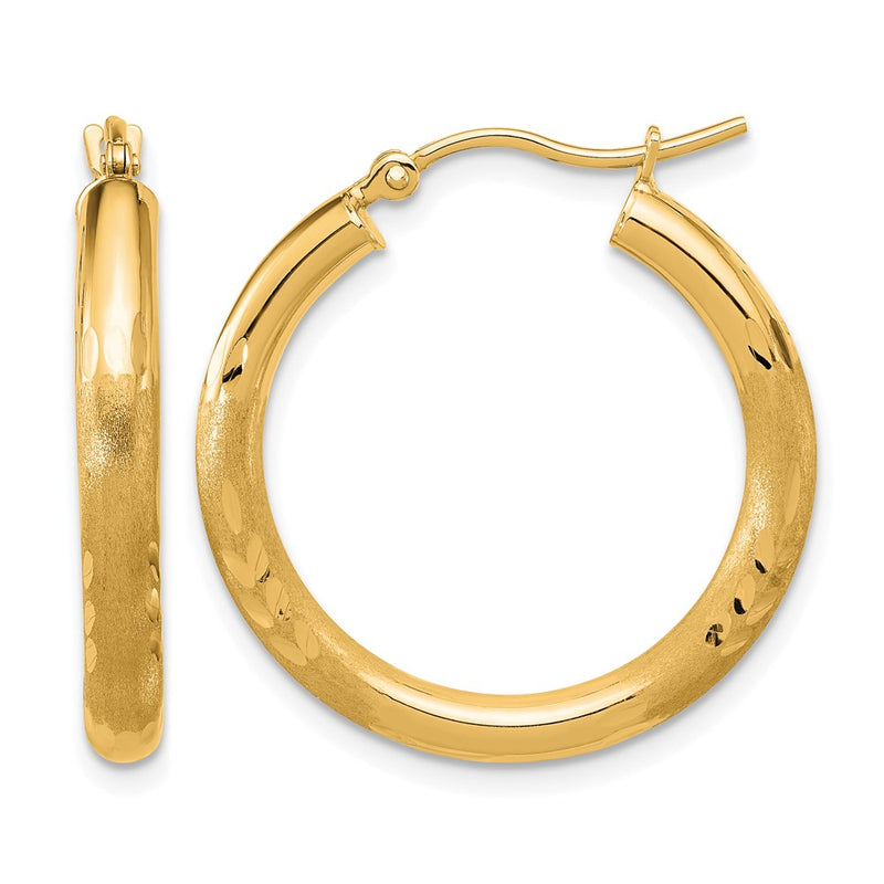 14K Yellow Gold Satin And D/C 3mm Round Hoop Earrings