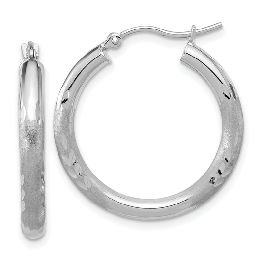 14K White Gold Satin And D/C 3mm Round Hoop Earrings