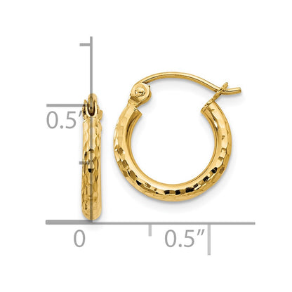 14K Yellow Gold Diamond Cut 2mm Round Tube Hoop Earrings