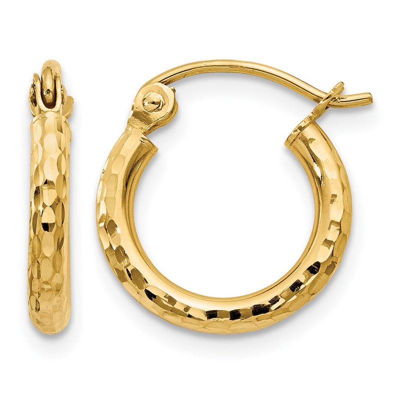14K Yellow Gold Diamond Cut 2mm Round Tube Hoop Earrings