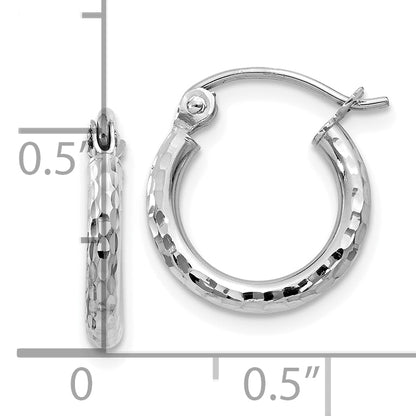 14K White Gold Diamond Cut 2mm Round Tube Hoop Earrings