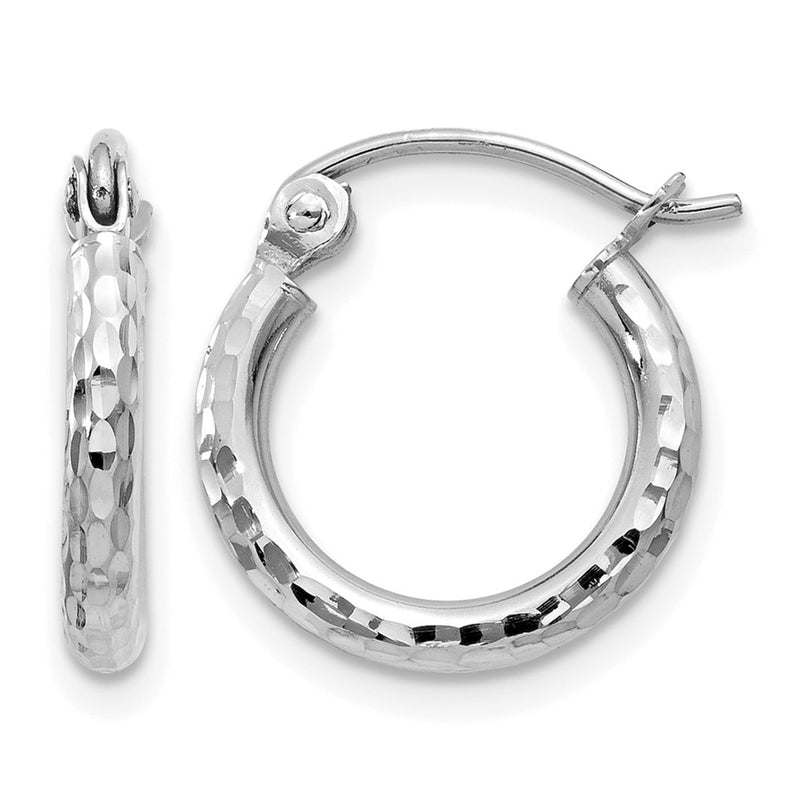 14K White Gold Diamond Cut 2mm Round Tube Hoop Earrings