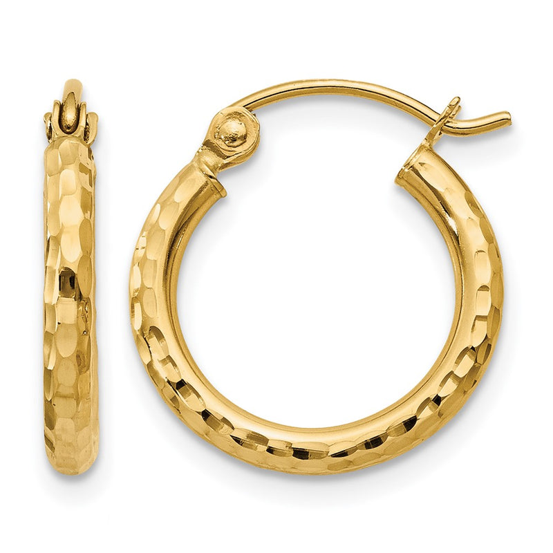 14K Yellow Gold Diamond Cut 2mm Round Tube Hoop Earrings
