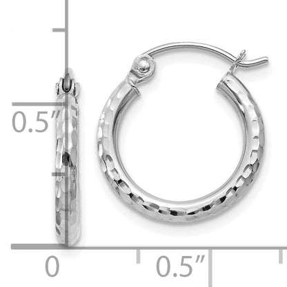 14K White Gold Diamond Cut 2mm Round Tube Hoop Earrings