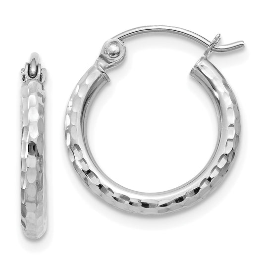 14K White Gold Diamond Cut 2mm Round Tube Hoop Earrings