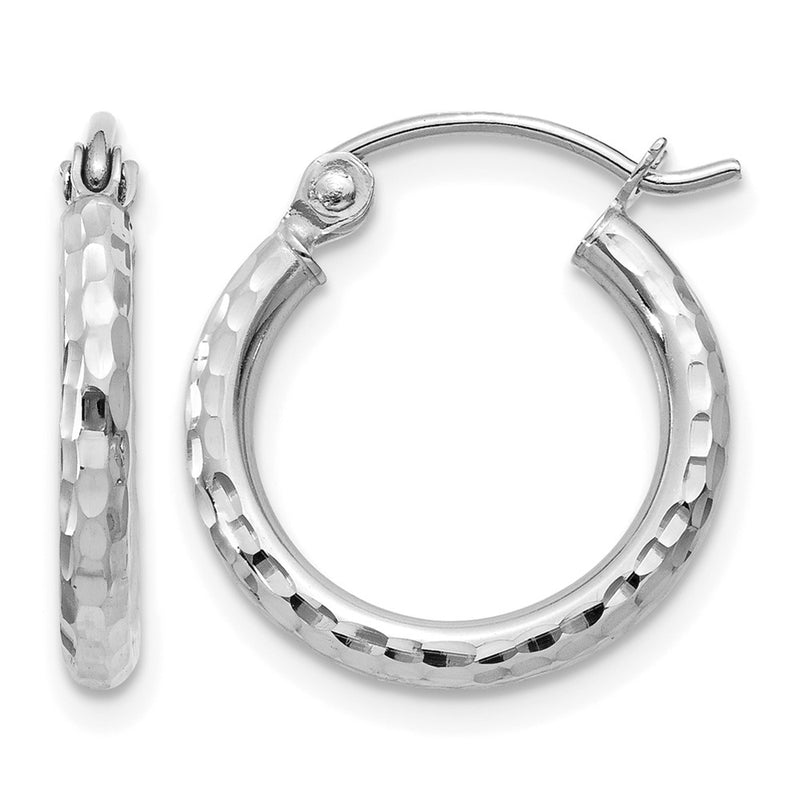 14K White Gold Diamond Cut 2mm Round Tube Hoop Earrings