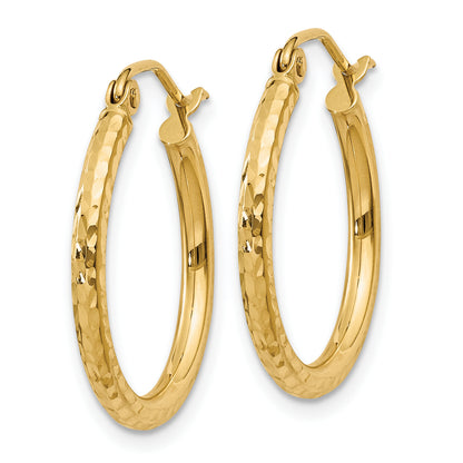 14K Yellow Gold Diamond Cut 2mm Round Tube Hoop Earrings