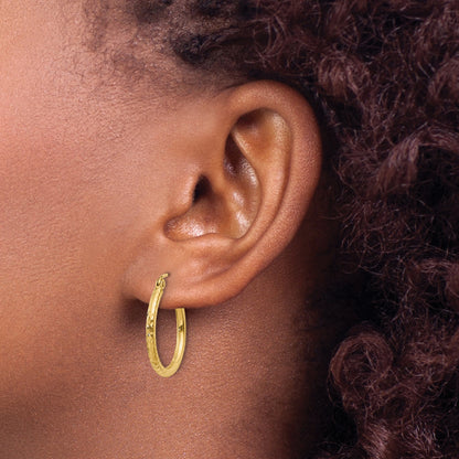 14K Yellow Gold Diamond Cut 2mm Round Tube Hoop Earrings
