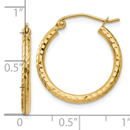 14K Yellow Gold Diamond Cut 2mm Round Tube Hoop Earrings