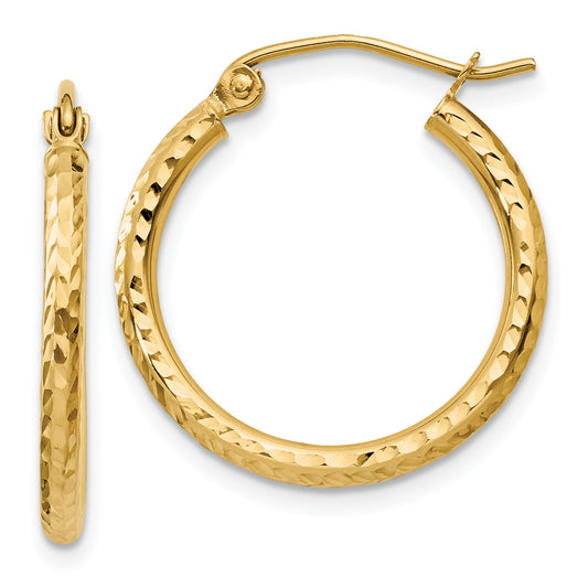 14K Yellow Gold Diamond Cut 2mm Round Tube Hoop Earrings