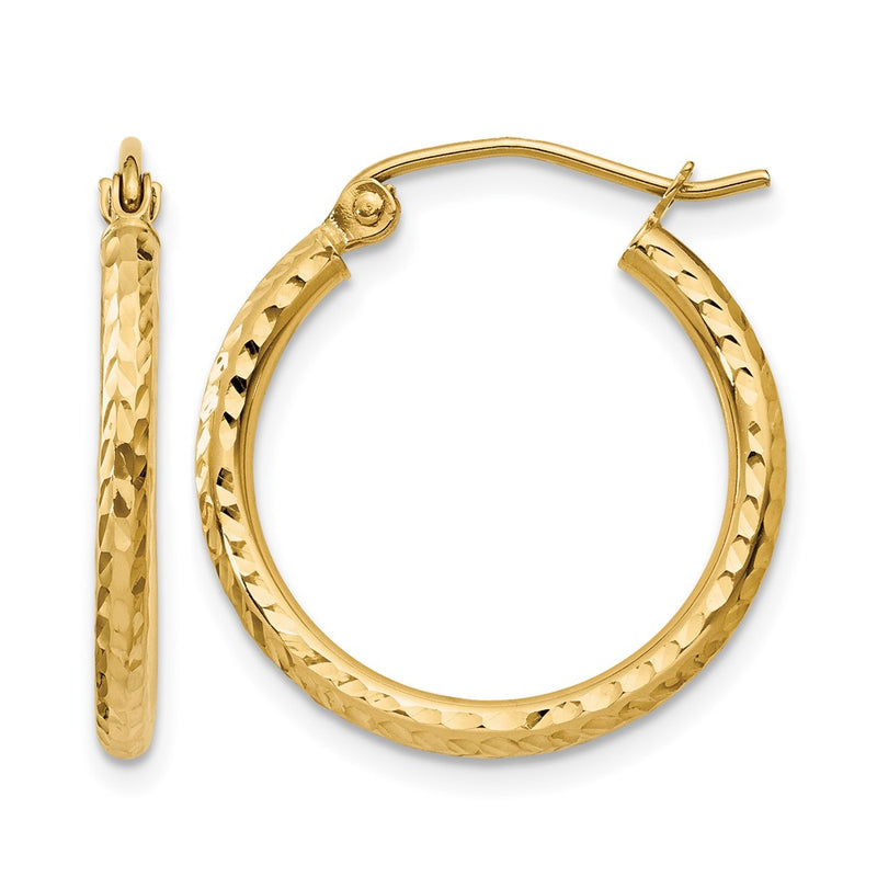 14K Yellow Gold Diamond Cut 2mm Round Tube Hoop Earrings