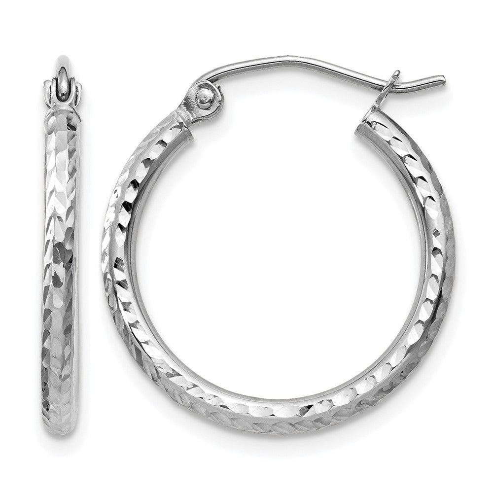 14K White Gold Diamond Cut 2mm Round Tube Hoop Earrings