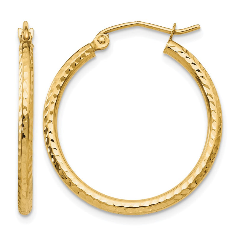 14K Yellow Gold Diamond Cut 2mm Round Tube Hoop Earrings