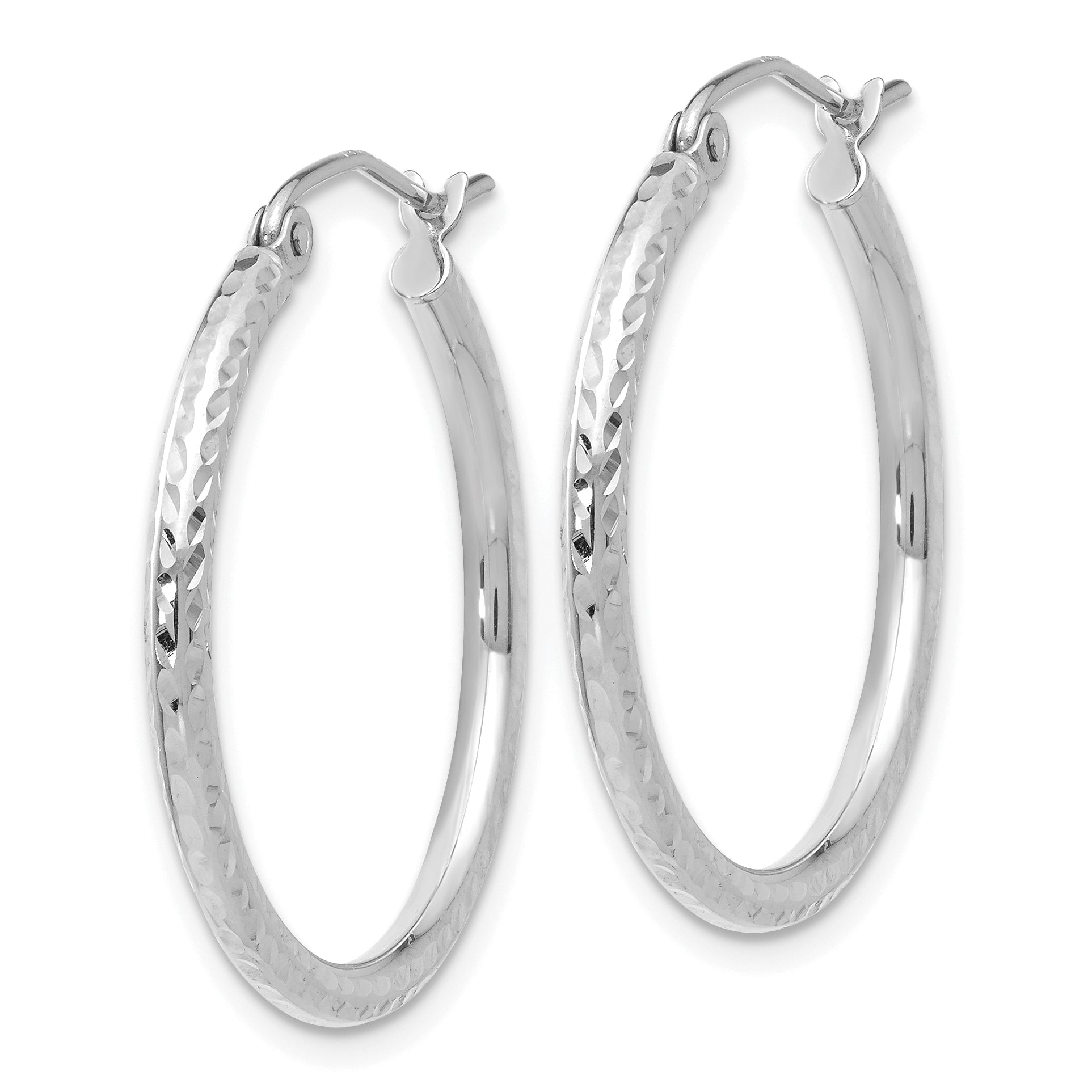 14K White Gold Diamond Cut 2mm Round Tube Hoop Earrings