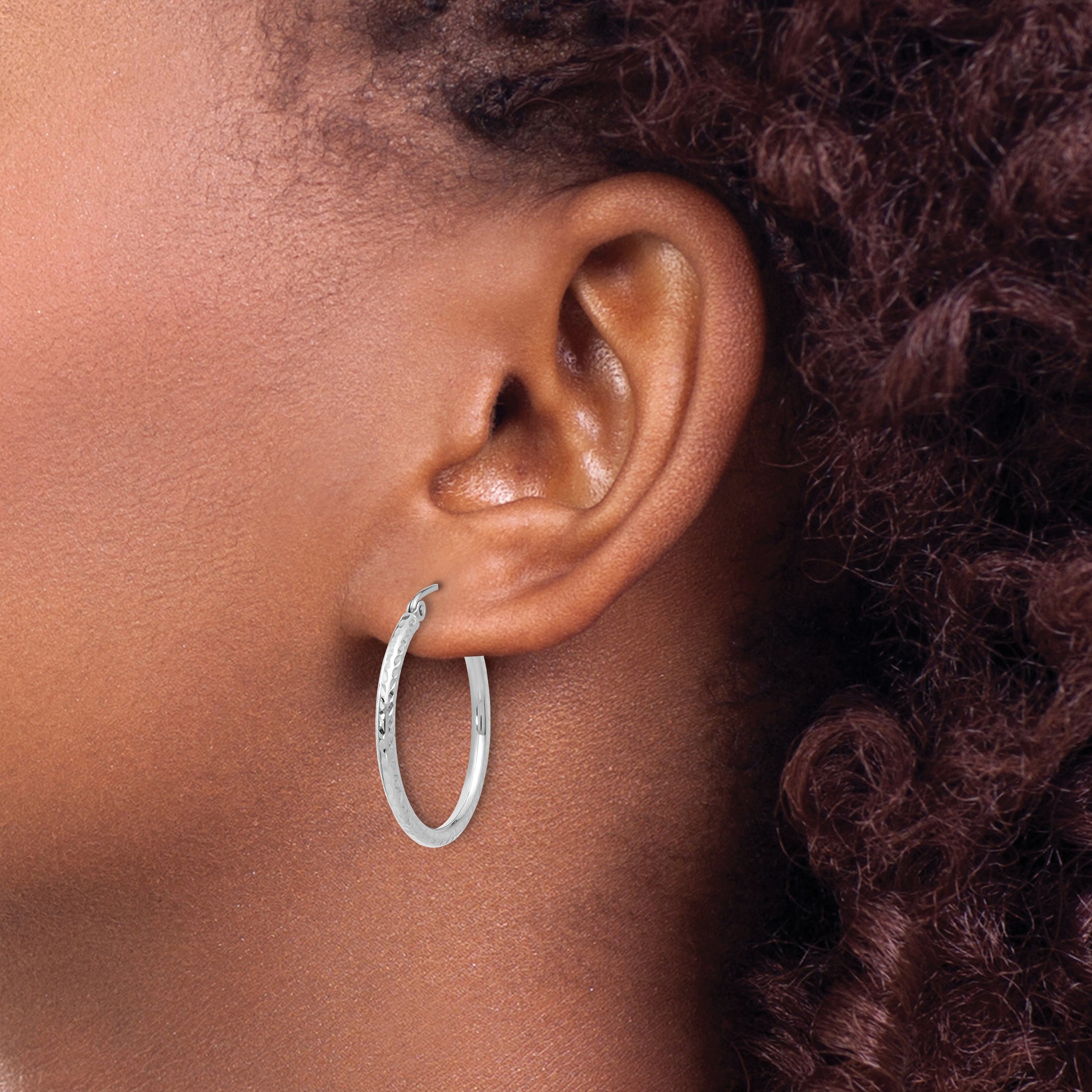 14K White Gold Diamond Cut 2mm Round Tube Hoop Earrings