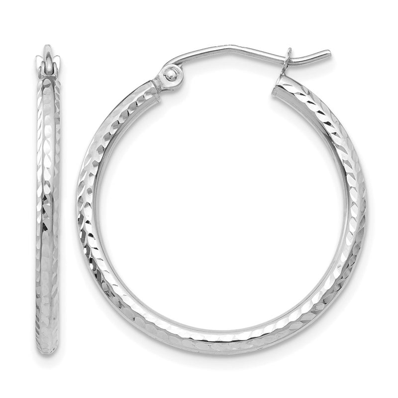 14K White Gold Diamond Cut 2mm Round Tube Hoop Earrings