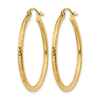 14K Yellow Gold Diamond Cut 2mm Round Tube Hoop Earrings