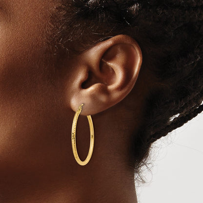 14K Yellow Gold Diamond Cut 2mm Round Tube Hoop Earrings