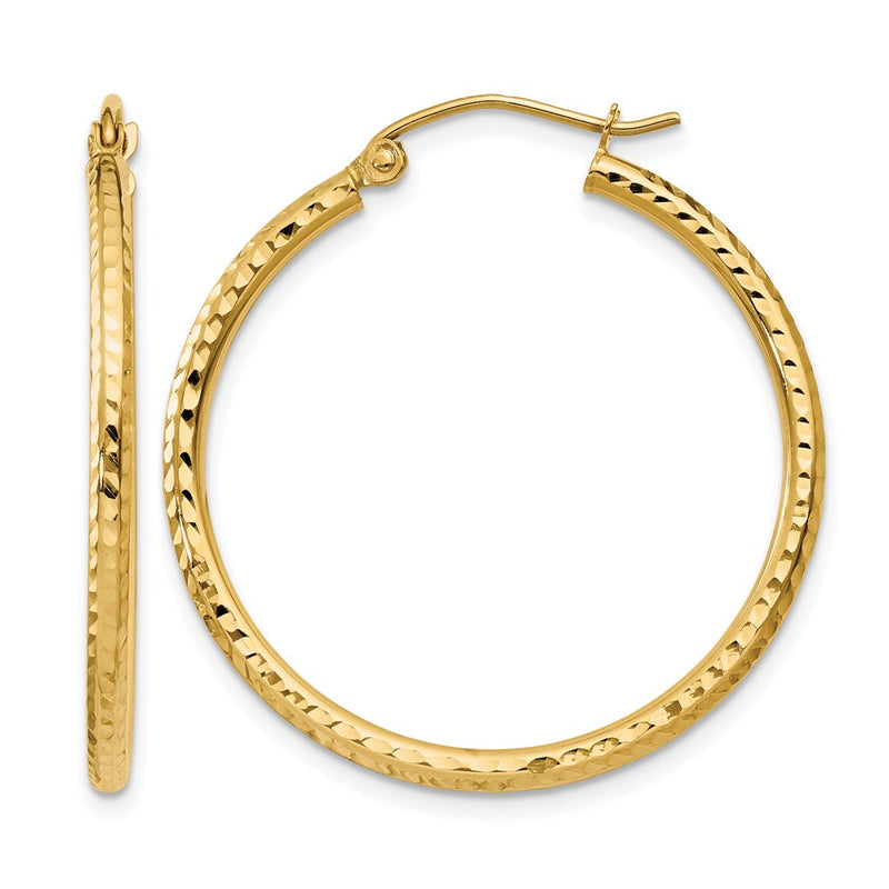 14K Yellow Gold Diamond Cut 2mm Round Tube Hoop Earrings