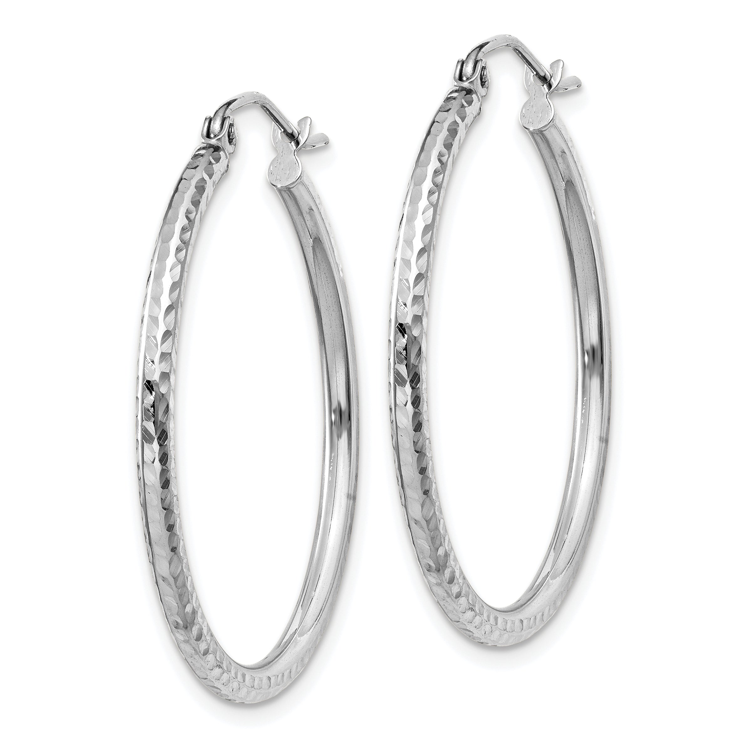 14K White Gold Diamond Cut 2mm Round Tube Hoop Earrings