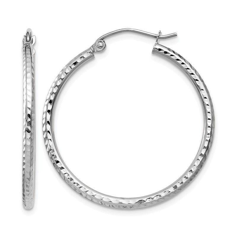 14K White Gold Diamond Cut 2mm Round Tube Hoop Earrings
