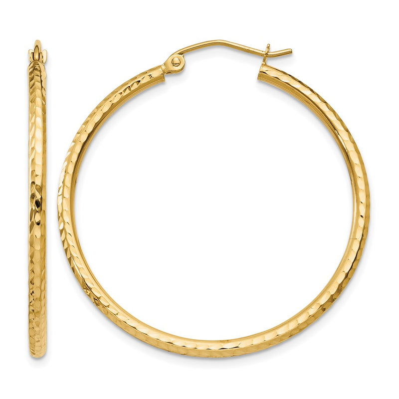 14K Yellow Gold Diamond Cut 2mm Round Tube Hoop Earrings