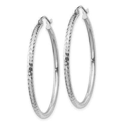 14K White Gold Diamond Cut 2mm Round Tube Hoop Earrings
