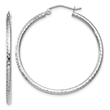 14K White Gold Diamond Cut 2mm Round Tube Hoop Earrings