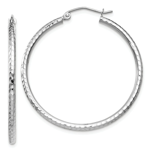 14K White Gold Diamond Cut 2mm Round Tube Hoop Earrings