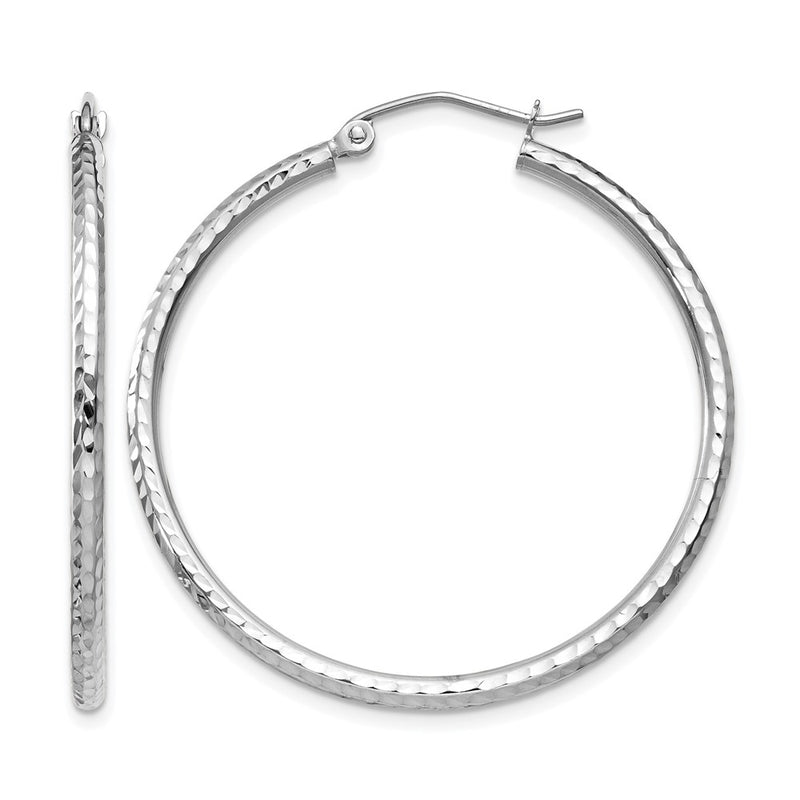 14K White Gold Diamond Cut 2mm Round Tube Hoop Earrings