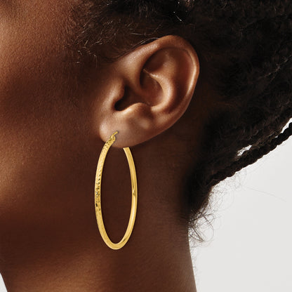 14K Yellow Gold Diamond Cut 2mm Round Tube Hoop Earrings