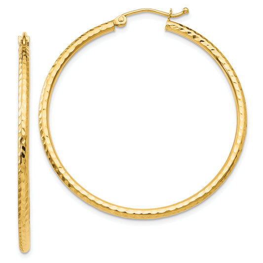 14K Yellow Gold Diamond Cut 2mm Round Tube Hoop Earrings