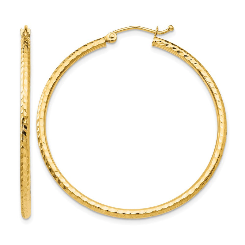 14K Yellow Gold Diamond Cut 2mm Round Tube Hoop Earrings