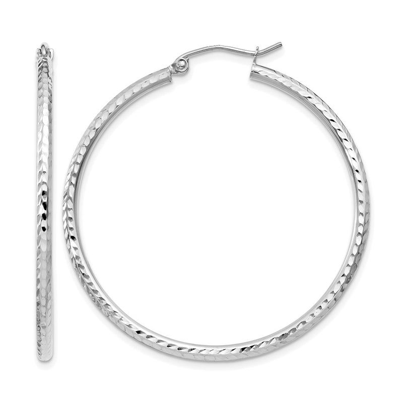 14K White Gold Diamond Cut 2mm Round Tube Hoop Earrings